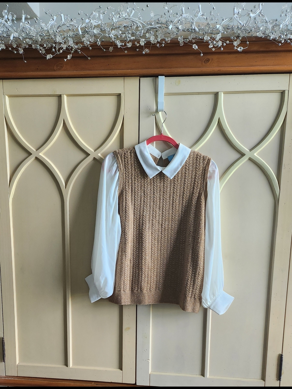 CeCe Cream Collared Shirt with Tan Cable Knit Vest and Sheer Sleeves